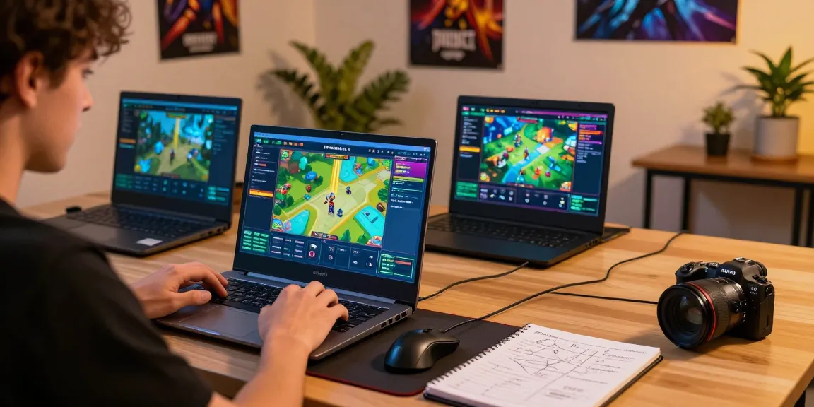 Pengguna ratutogel bermain di laptop dengan aksesori gaming di meja modern.