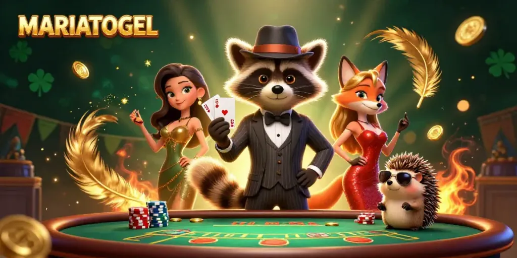 Engage in poker with MARIATOGEL featuring a suave raccoon, a charming fox, and a hedgehog bouncer.
