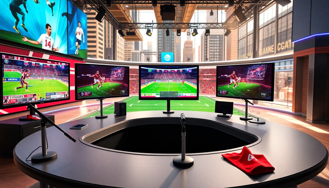 Engaging scene of sports broadcasting studio with live game feeds showcasing Sports Broadcasting dynamics.