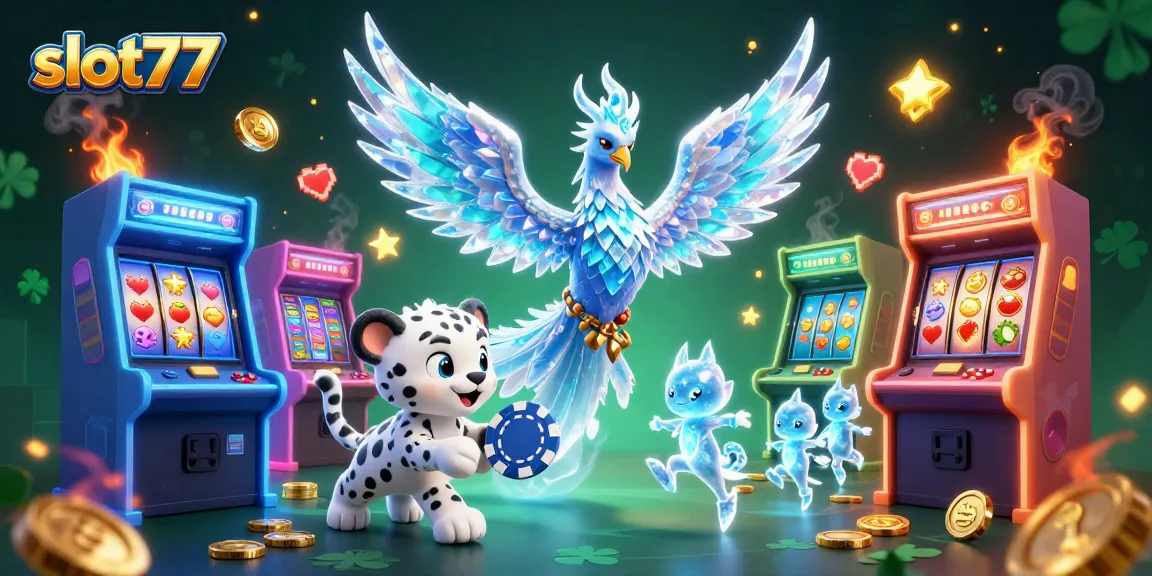 Mainkan slot77 dalam suasana magis dengan phoenix es dan mesin slot yang bersinar.