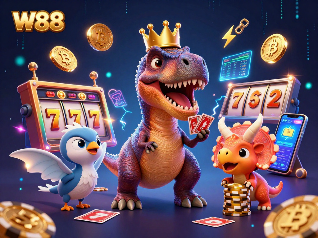 Engage in thrilling gaming at W88, as a T-Rex and friends shuffle cards and stack chips.