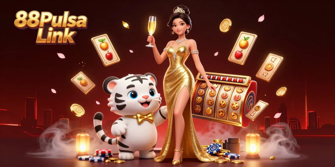 Terlibat dengan fitur menarik dari 88Pulsa Link saat seorang wanita glamor merayakan dengan anak harimau keberuntungan di tengah elemen kasino yang vibrant.