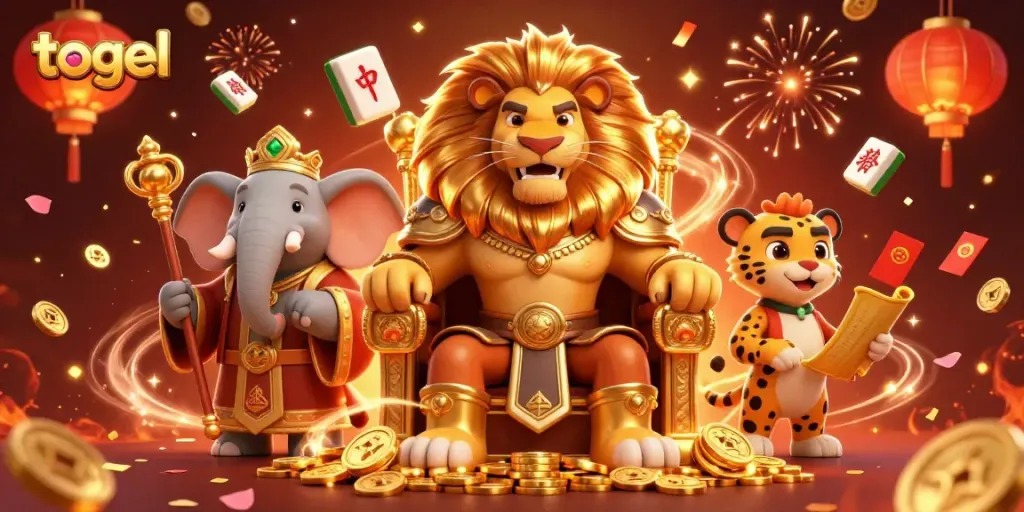 Menggambarkan permainan togel dengan singa raja berperisai, gajah penasehat dan cheetah pembawa pesan di pondok perjudian yang meriah.