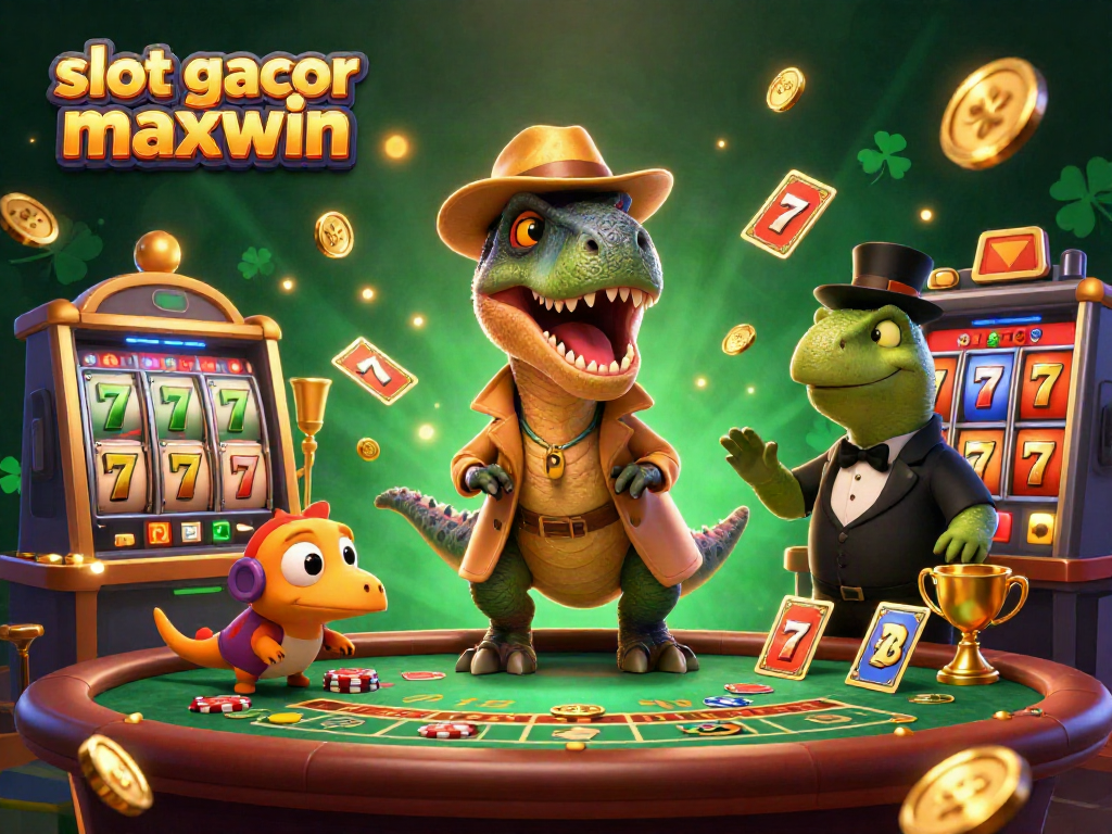 Experience thrilling excitement with slot gacor maxwin, as a velociraptor expertly navigates a blackjack table in this dynamic 3D casino illustration.