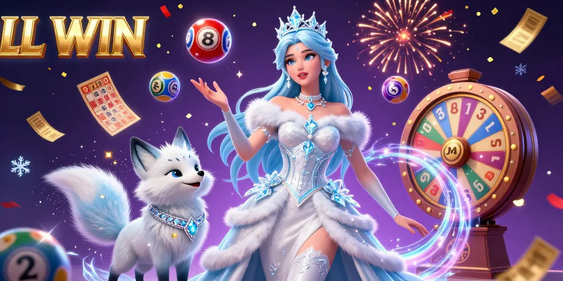 Experience the excitement of LL WIN with vibrant gambling elements, including lottery balls and confetti.