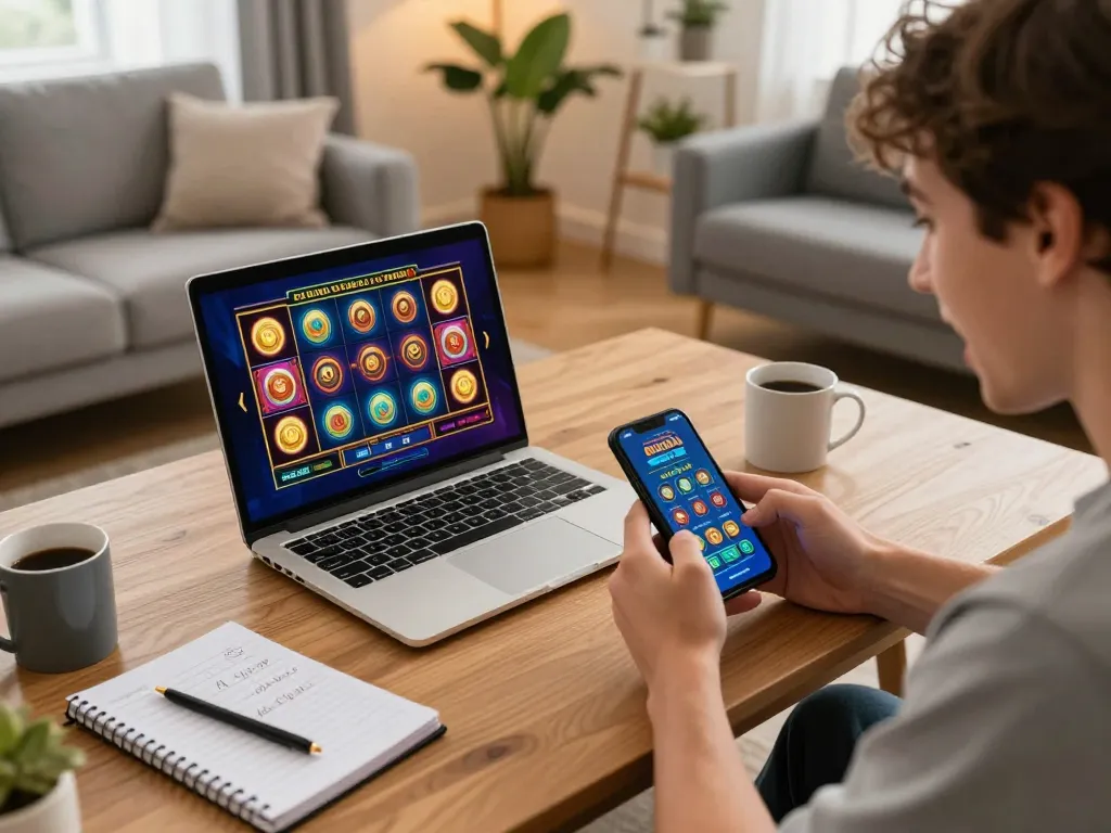 Pemain yang terlibat dalam permainan slot online menggunakan laptop dan smartphone di ruang tamu yang nyaman.