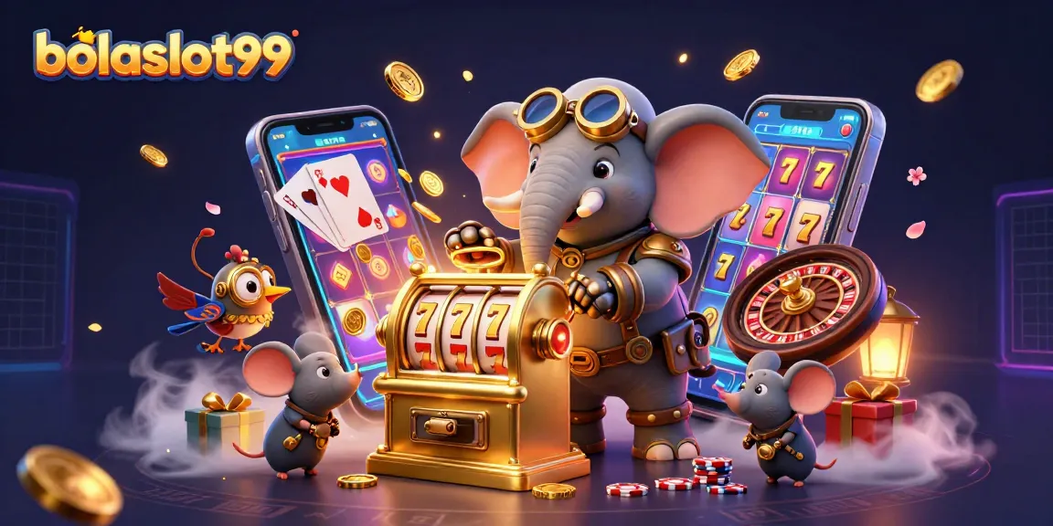 Bolaslot99 showcases a vibrant steampunk casino scene with an elephant engineer operating a golden slot machine.