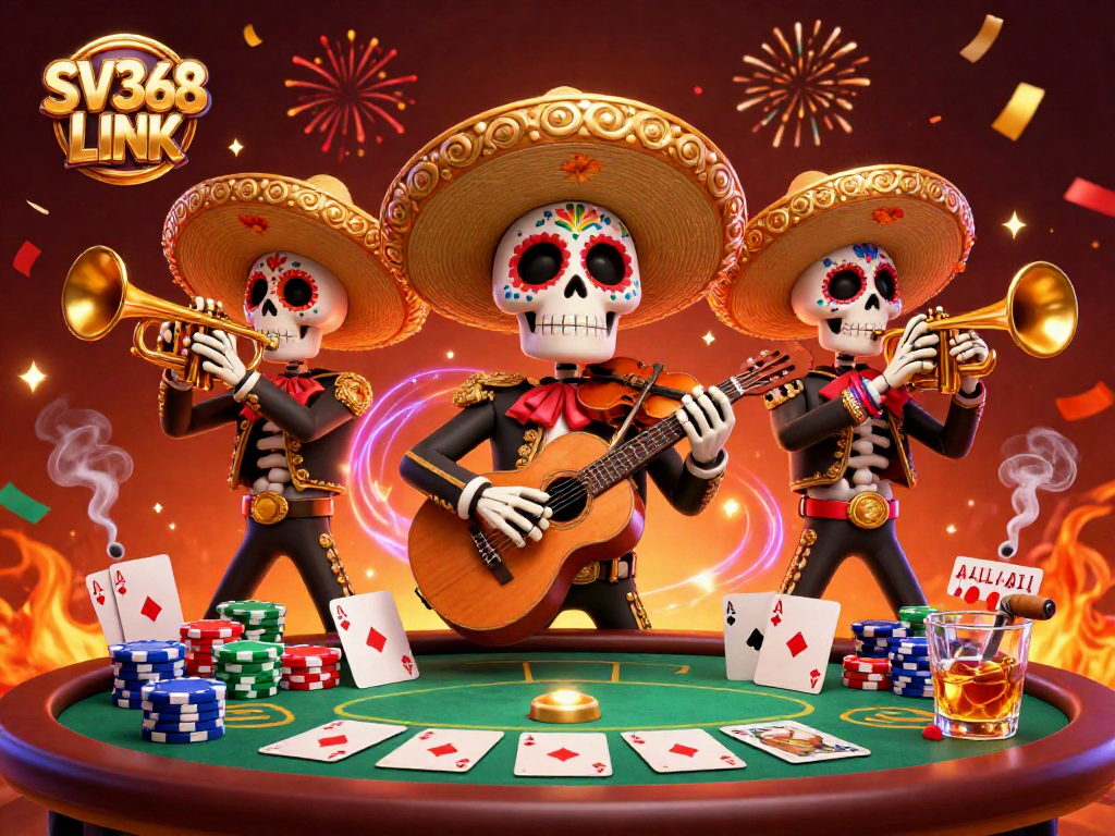 Play exciting games at SV368 LINK, showcased by a lively mariachi band and poker elements.