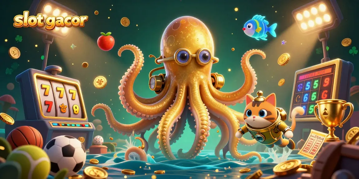 Permainan slot gacor menarik dengan karakter kraken dan kucing menyelam, penuh nuansa kasino.