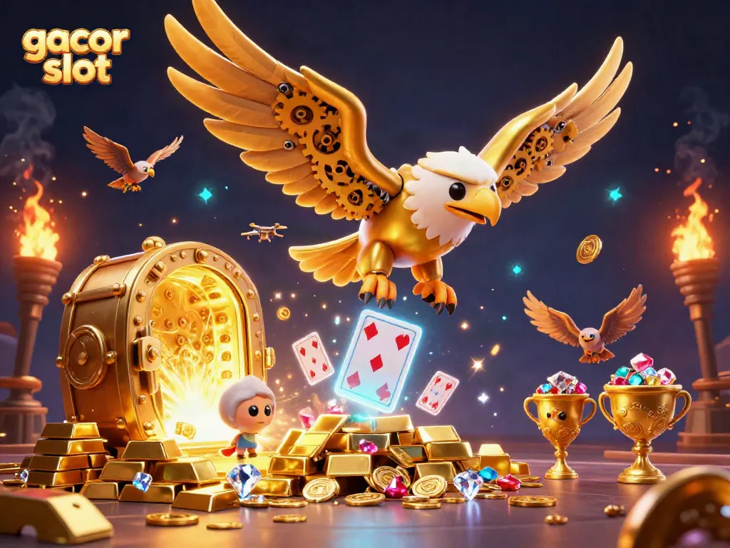 Spin the reels with gacor slot featuring a golden eagle and treasure amidst dazzling casino elements.