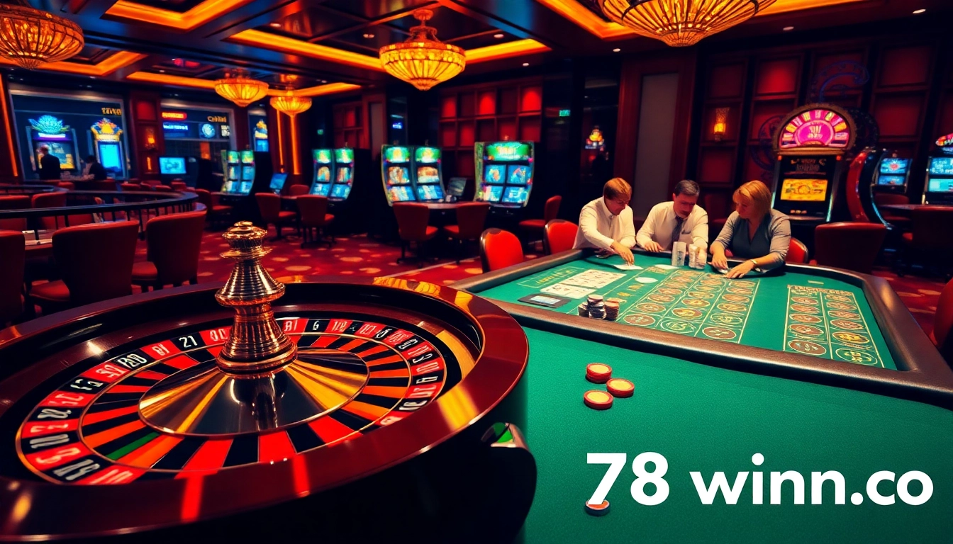 Experience the excitement of gambling at 78winn.co with a vibrant casino atmosphere showcasing players at poker and roulette.