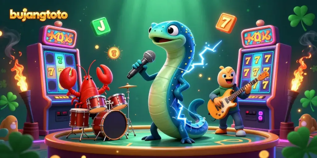 Experience the thrill of bujangtoto with an electric eel DJ, lobster drummer, and seahorse guitarist creating a lively underwater casino scene.