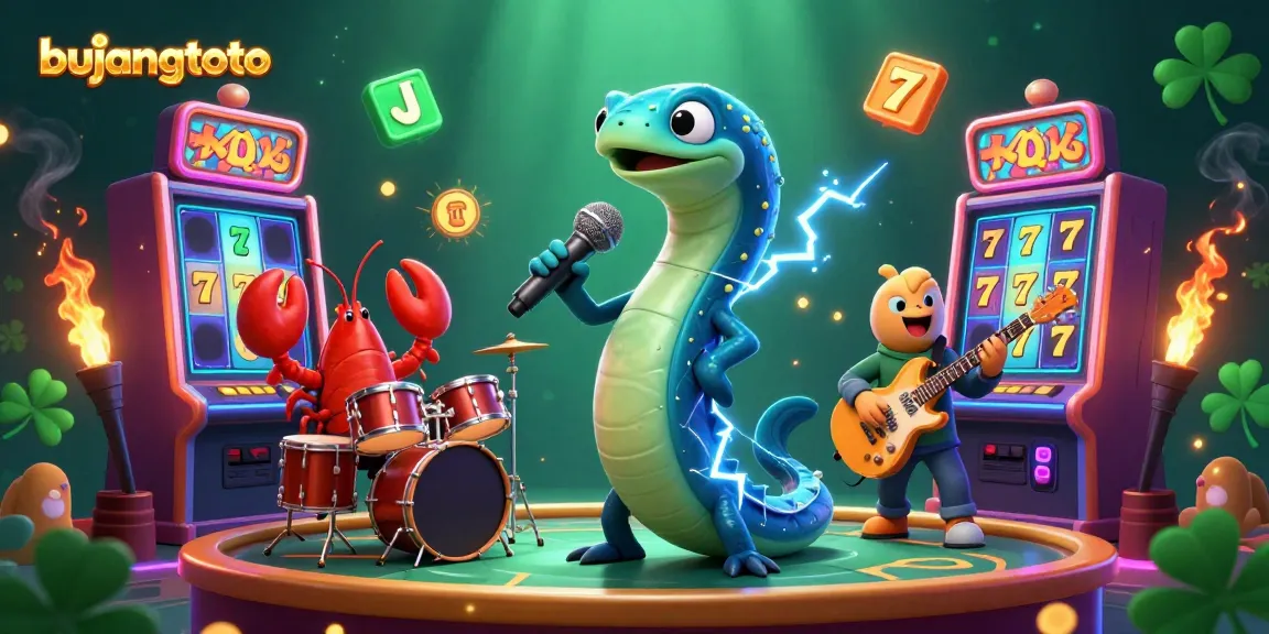 Experience the thrill of bujangtoto with an electric eel DJ, lobster drummer, and seahorse guitarist creating a lively underwater casino scene.