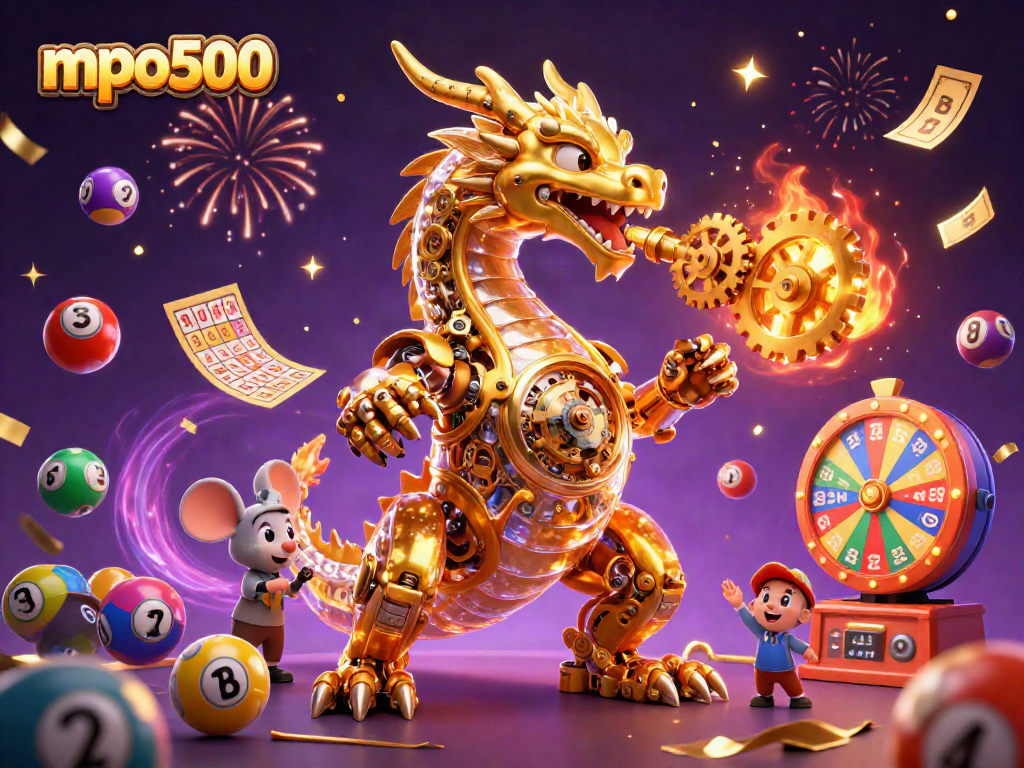 Menggambarkan mpo500 dengan naga emas dan bola lotre berwarna yang meluncur serentak.