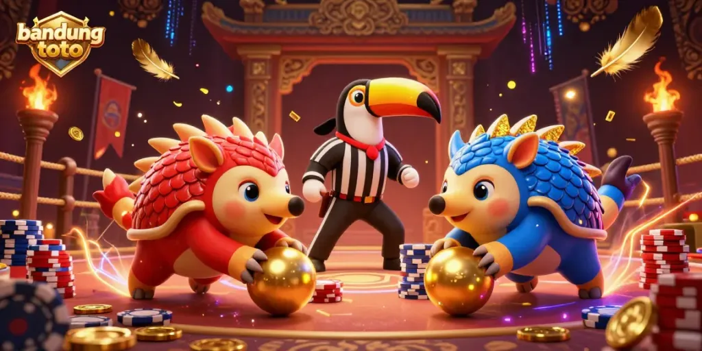 Experience thrilling competition with 'bandung toto' in a vibrant 3D gambling scene featuring rival pangolins.