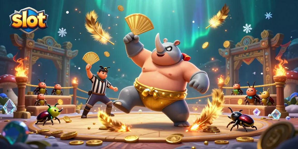 Slot mengubah koin emas terbang dalam adegan kasino lucu dengan badak jantan, hakim, dan penonton mini.