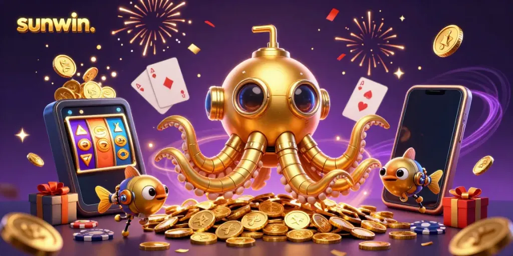 Experience the excitement of sunwin. with a vibrant 3D illustration featuring a kraken submarine and casino games.