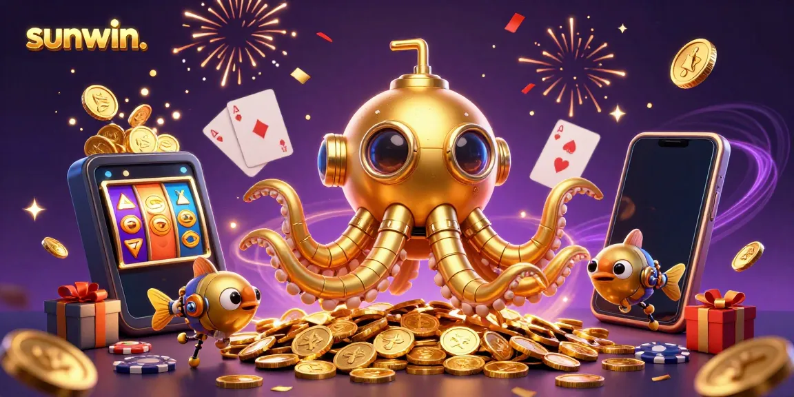 Experience the excitement of sunwin. with a vibrant 3D illustration featuring a kraken submarine and casino games.