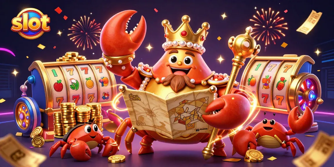 Spin and win with slot machine elements featuring a crab emperor and treasure in a vibrant casino scene