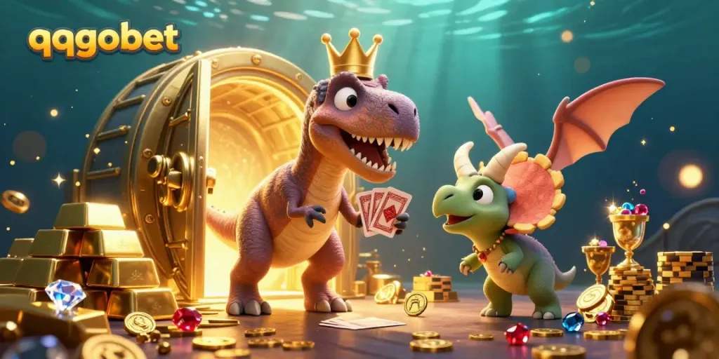 Engage with qqgobet's vibrant casino atmosphere featuring playful dinosaurs and treasures.