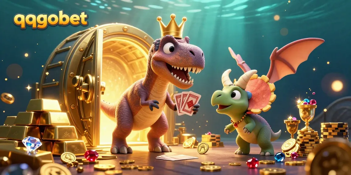 Engage with qqgobet's vibrant casino atmosphere featuring playful dinosaurs and treasures.