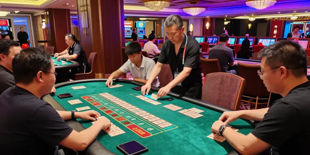 Suasana kasino yang meriah dengan permainan Toto Macau dan pemain terlibat.