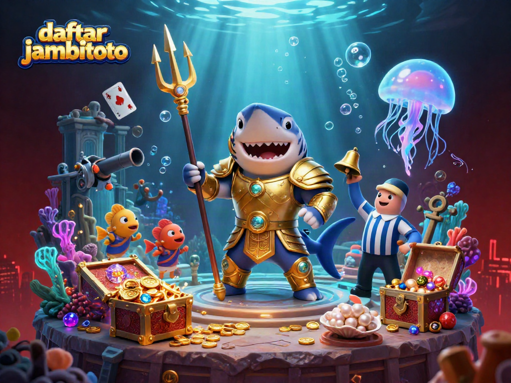 Engage with daftar jambitoto in this thrilling underwater casino scene featuring a tiger shark champion with treasures.