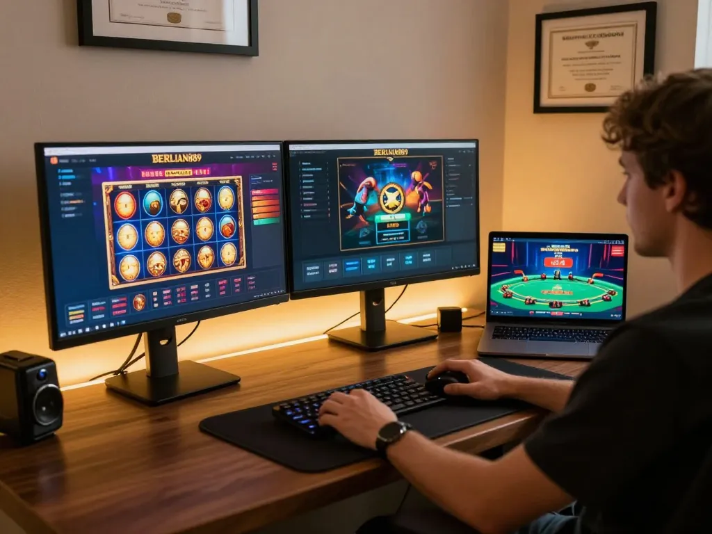 Player engaging with BERLIAN889 online casino showcasing dynamic gameplay on dual screens.