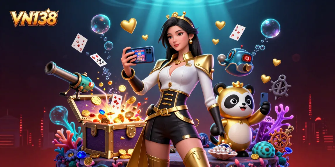 Experience thrilling gaming at VN138 with an elegant woman, panda mascot, and dynamic casino elements.