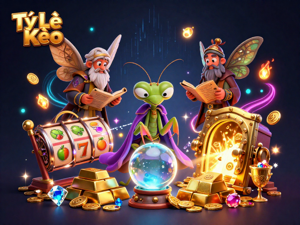Engage with Tỷ Lệ Kèo through a vibrant 3D illustration of fortune tellers and casino elements.