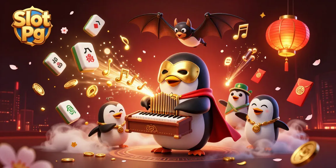 Experience Slot Pg excitement with a vibrant scene of a penguin playing an organ releasing coins, amidst festive decorations.