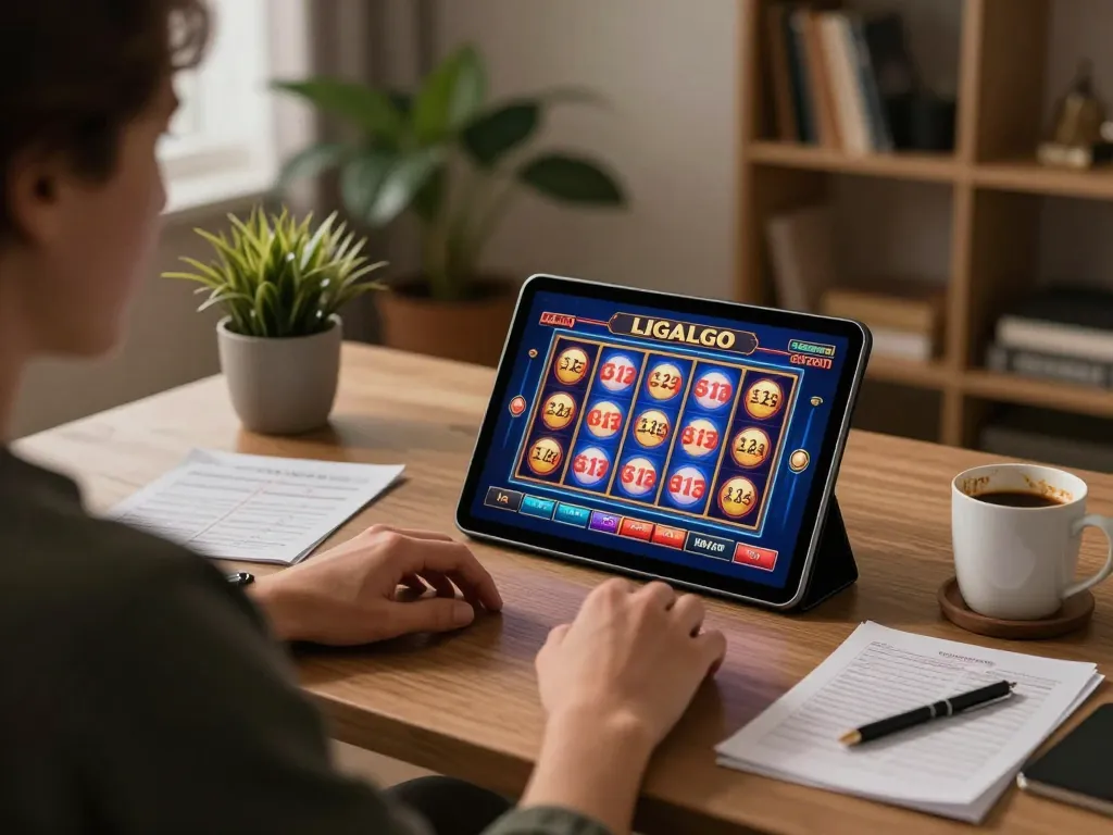 LIGALGO LOGIN in action during a cozy home online gaming session with vibrant slot machine interface.