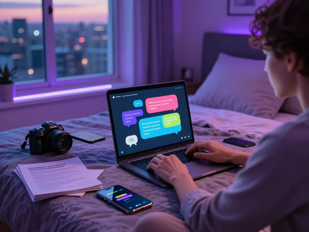 AI sexting conversation on a laptop in a cozy bedroom setting with colorful chat bubbles.