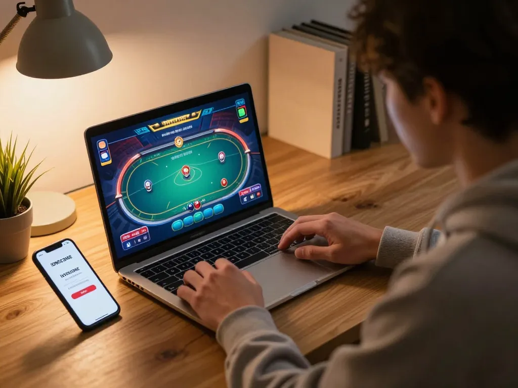 Engaging online gaming scene with IDNSCORE LOGIN on screen, player contemplating strategic poker moves.