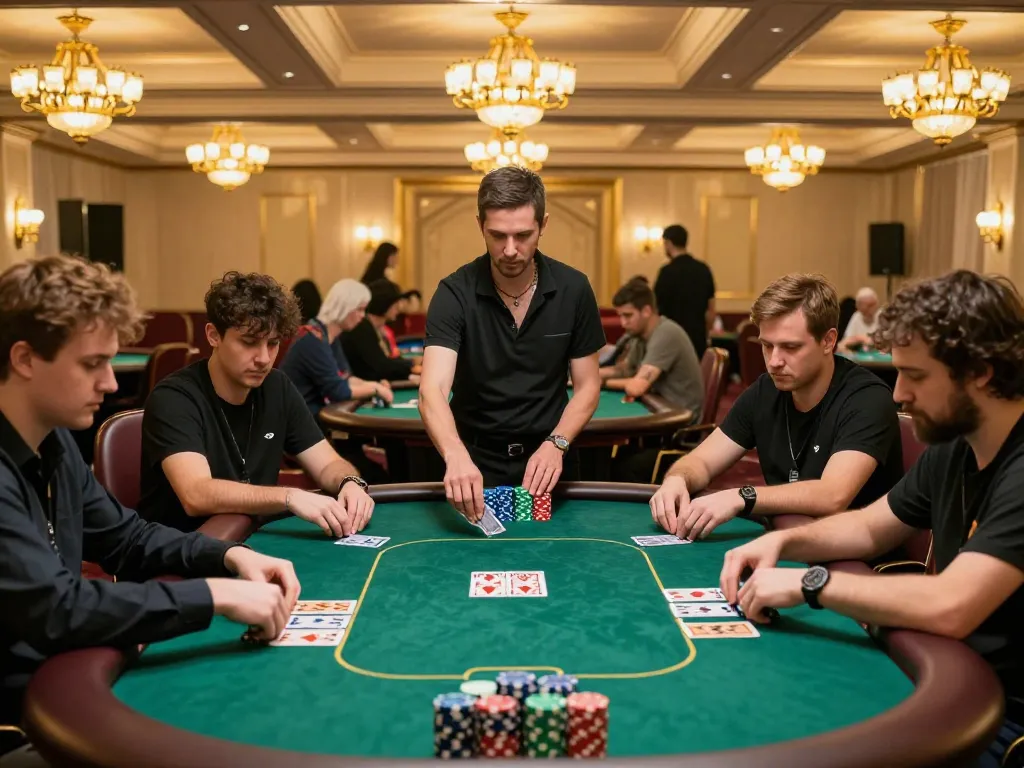 Intense poker gameplay showcasing strategic betting while discussing harga toto at a luxurious casino table