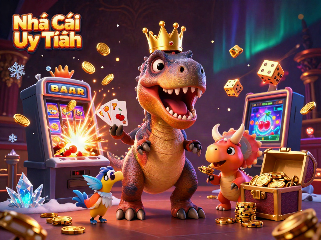 Engaging depiction of Nhà Cái Uy Tín casino scene with cartoon dinosaurs and vibrant gaming elements.
