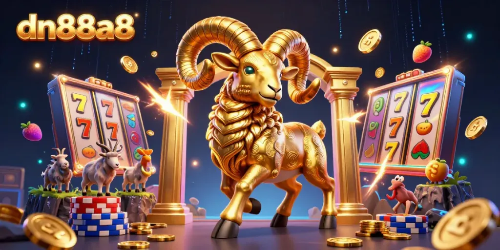 Experience thrilling entertainment at dn88a8 featuring a vibrant golden ram amidst dynamic casino elements.