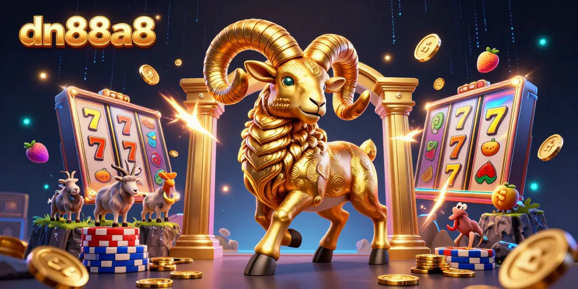 Experience thrilling entertainment at dn88a8 featuring a vibrant golden ram amidst dynamic casino elements.