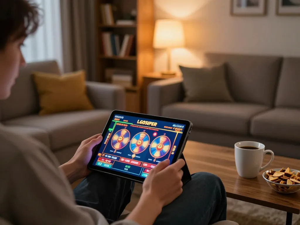 LGO SUPER online slots spinning on a tablet in a cozy home gaming setup