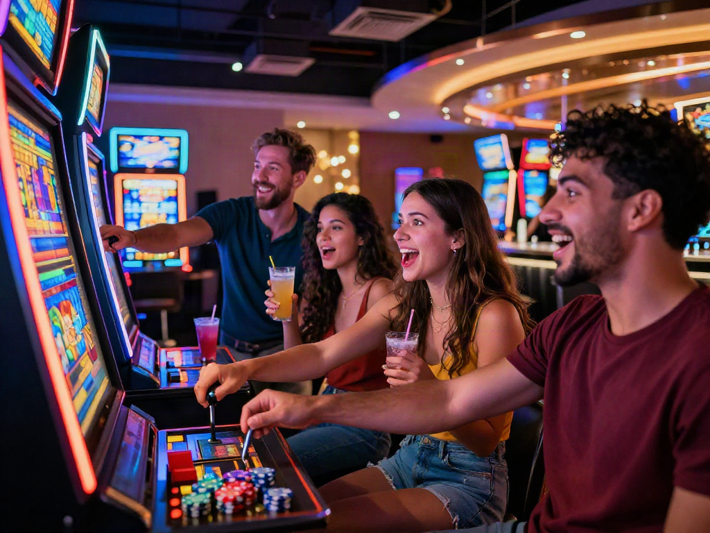 Slot gacor, suasana bermain mesin slot di kasino dengan energi tinggi dan kegembiraan.