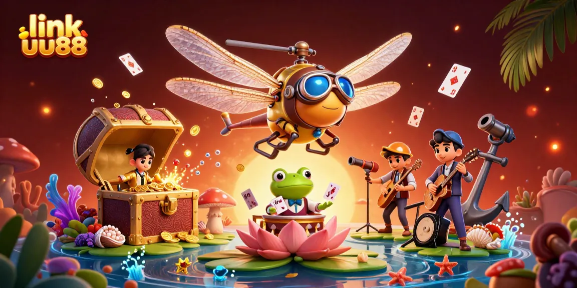 Engage with thrilling gameplay at link uu88 in this vibrant 3D illustration of a lily pad casino.