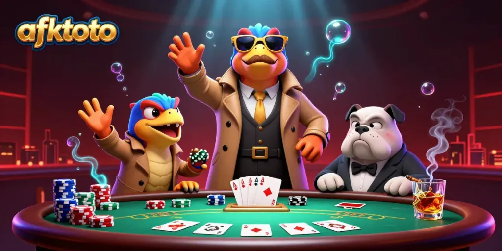 Pengguna afktoto memasuki lounge VIP kasino dengan raptor berselubung, dikelilingi chip poker.