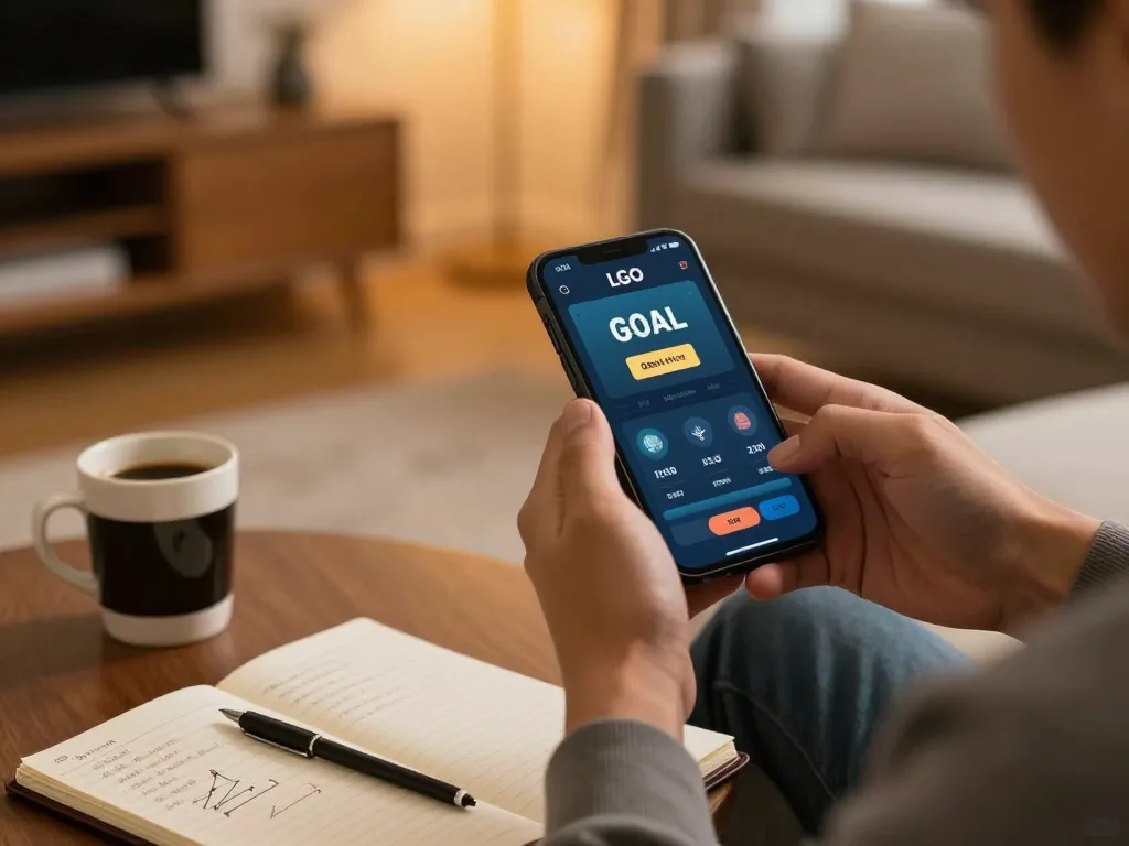 LGO GOAL user engaging in mobile gaming with an app interface showing game options and strategy notes