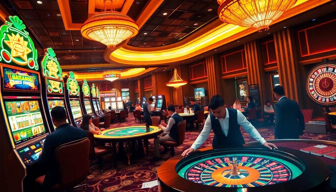 Batara88 players enjoying slot machines and poker tables in a luxurious casino.
