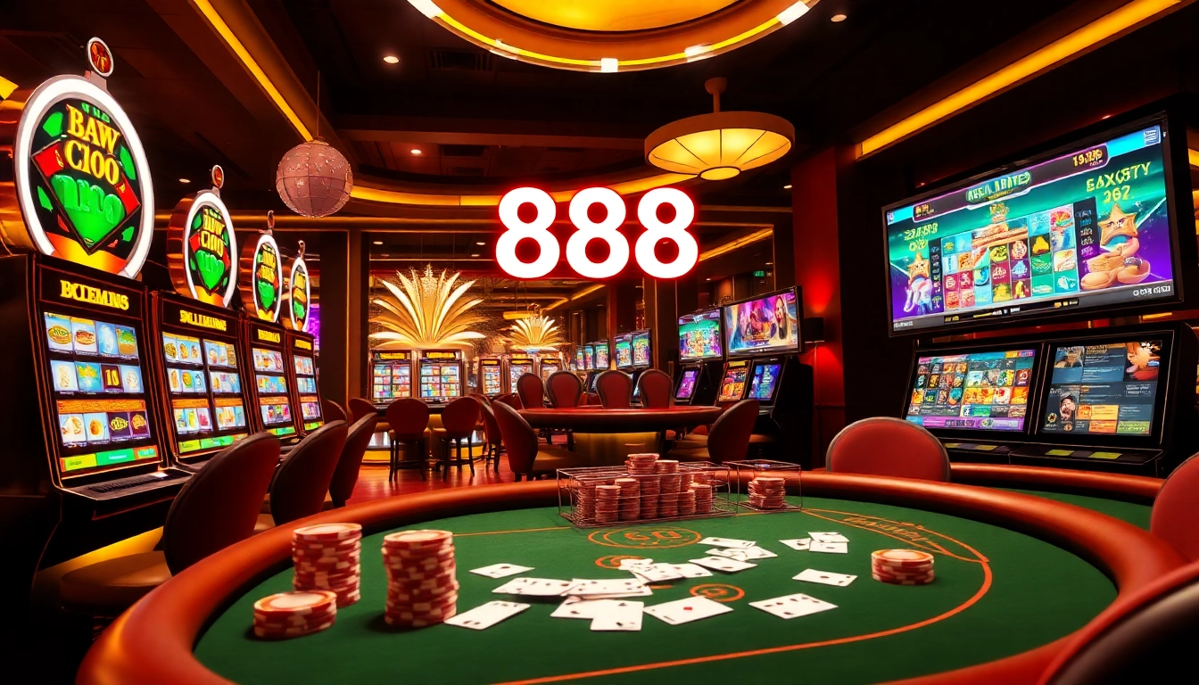 Berlian 888 slots showcasing vibrant reels and polished poker tables in a luxurious casino setting.