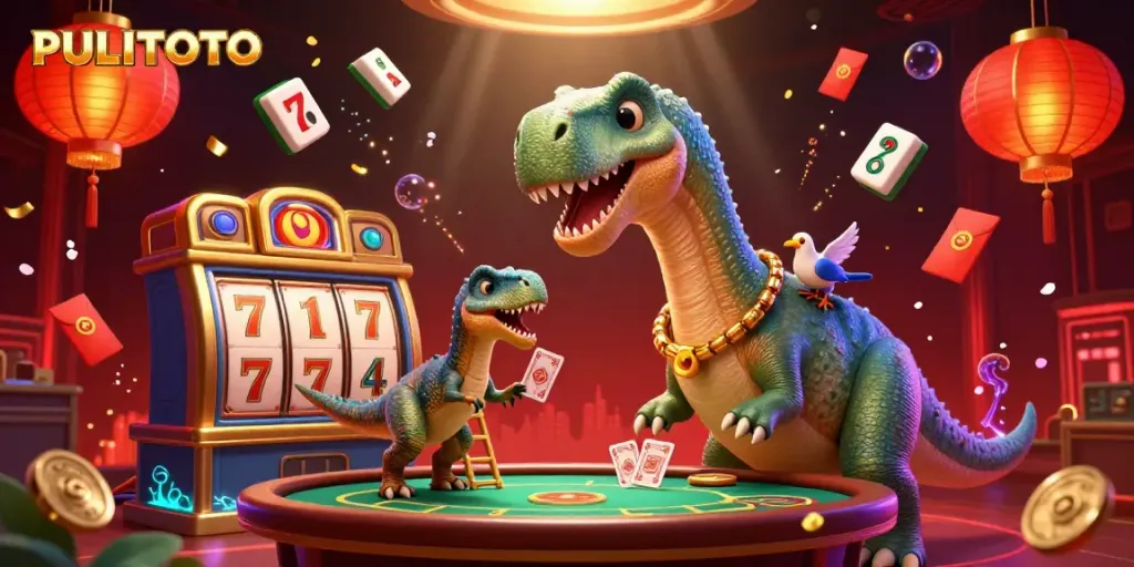PULITOTO brings excitement with a tall brontosaurus and clever raptor dealer at a lively poker scene.