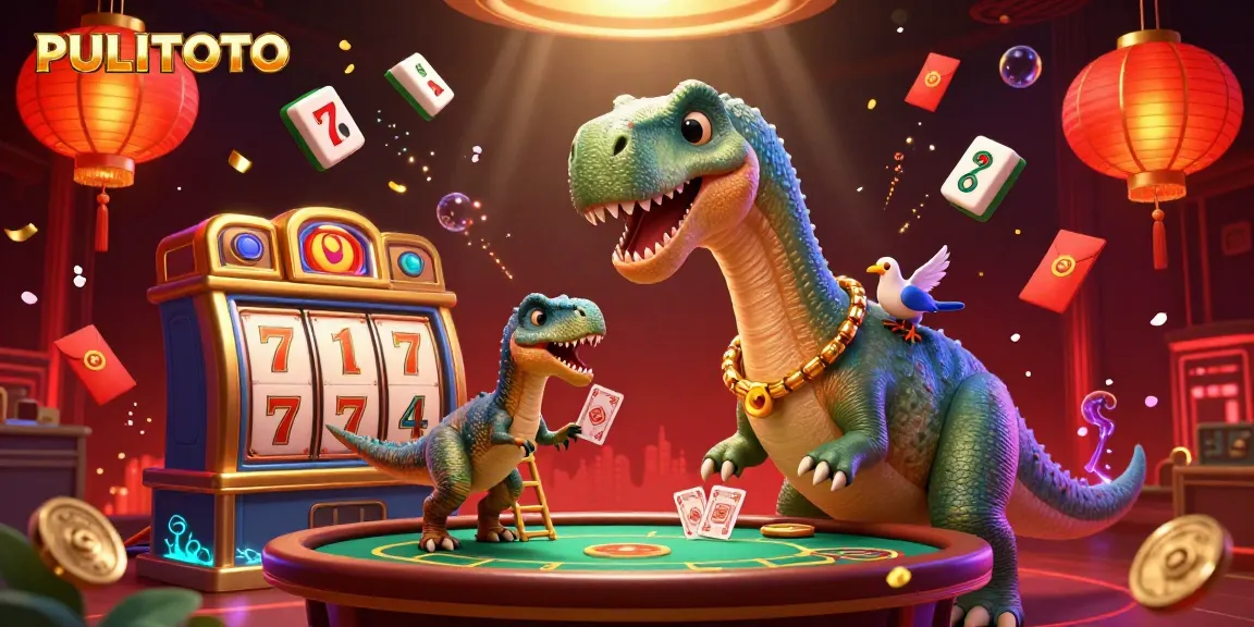 PULITOTO brings excitement with a tall brontosaurus and clever raptor dealer at a lively poker scene.