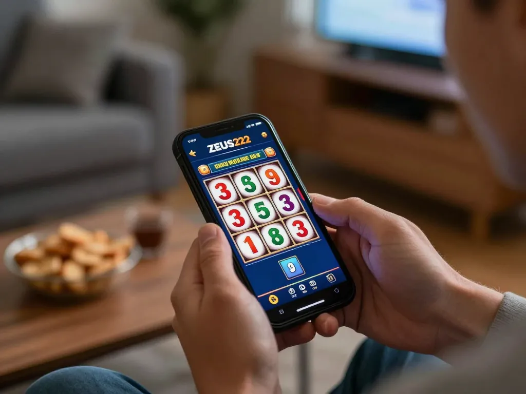 Engaging with ZEUS222 mobile app for strategic slot gameplay, showcasing excitement in a cozy home setting