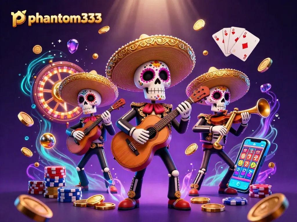 Engage with phantom333's vibrant casino scene featuring mariachi skeletons and dynamic gaming elements.