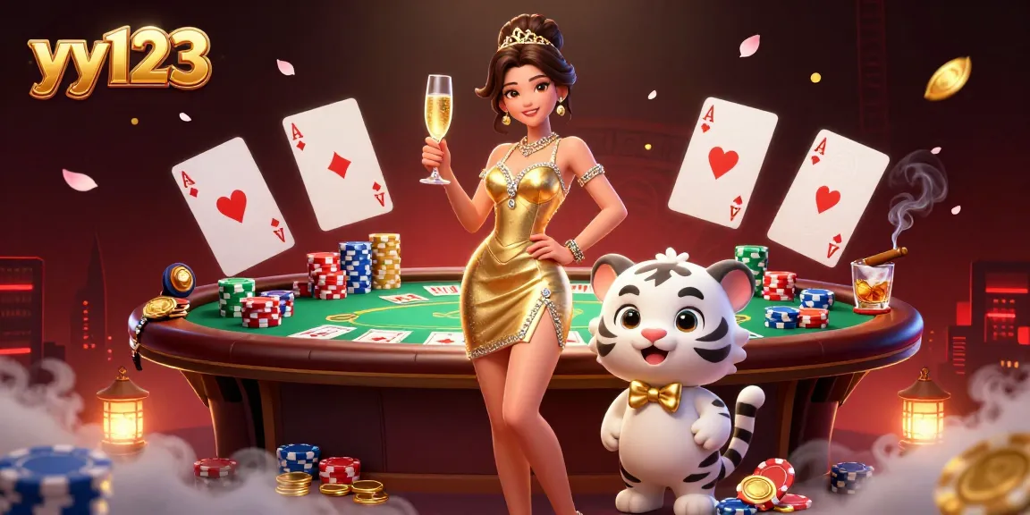 Experience winning at yy123 with a glamorous woman and a lucky tiger in a vibrant casino scene.